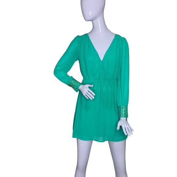 a'gaci Dresses & Skirts - A'gaci Beaded Cuff Dress Long Sleeve Full Lining Pullover Deep V-Neck Size S